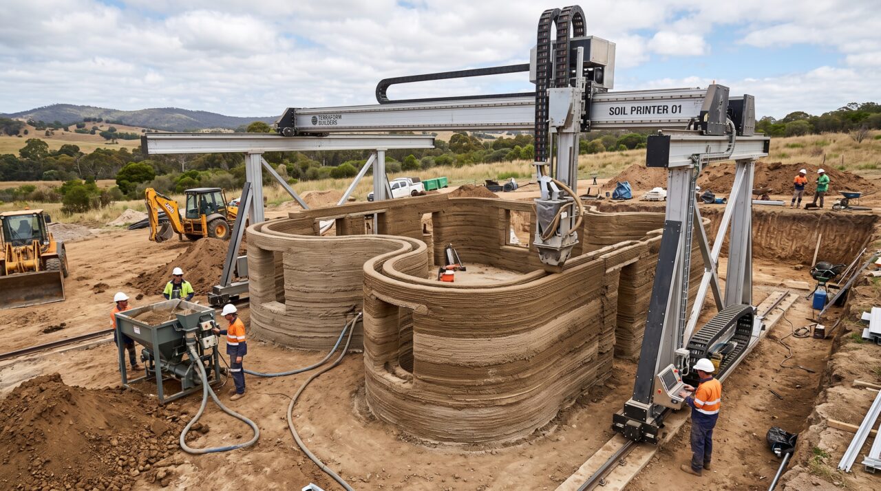 A impressora gigante que usa o próprio barro do quintal para erguer abrigos confortáveis e com design arrojado, inspirados na casa do joão-de