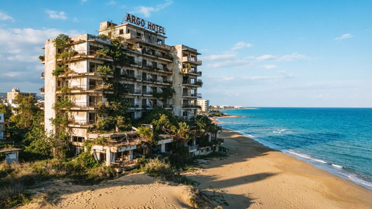 Hotéis e prédios de um antigo resort mediterrâneo ficaram vazios depois de 1974, criando uma faixa urbana interrompida onde o tempo parece ter parado perto da praia