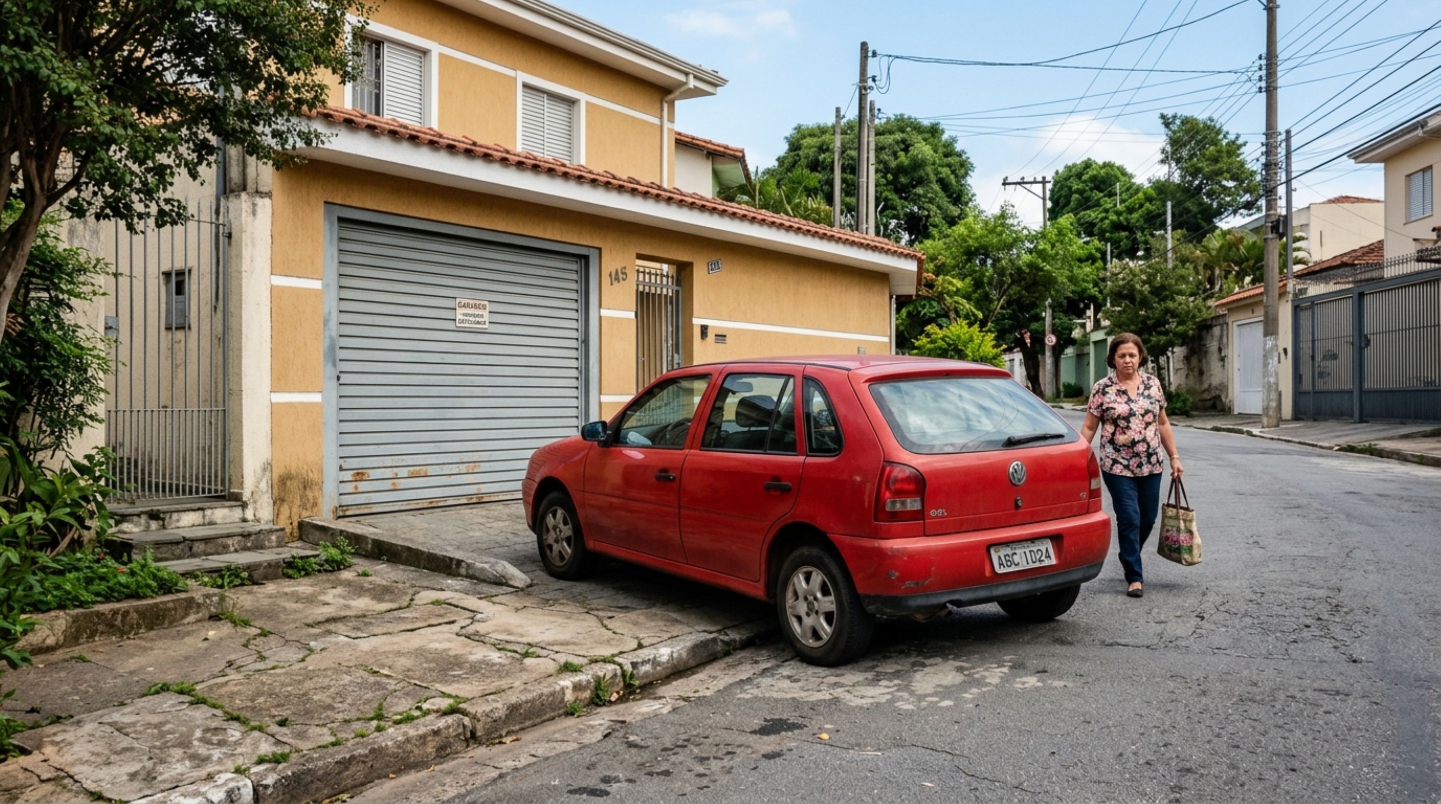 Ele estacionou na frente da garagem com as duas rodas na calçada, guarda de trânsito vê e questiona o motorista, ele alega que a casa é de um parente e não teria problema parar ali
