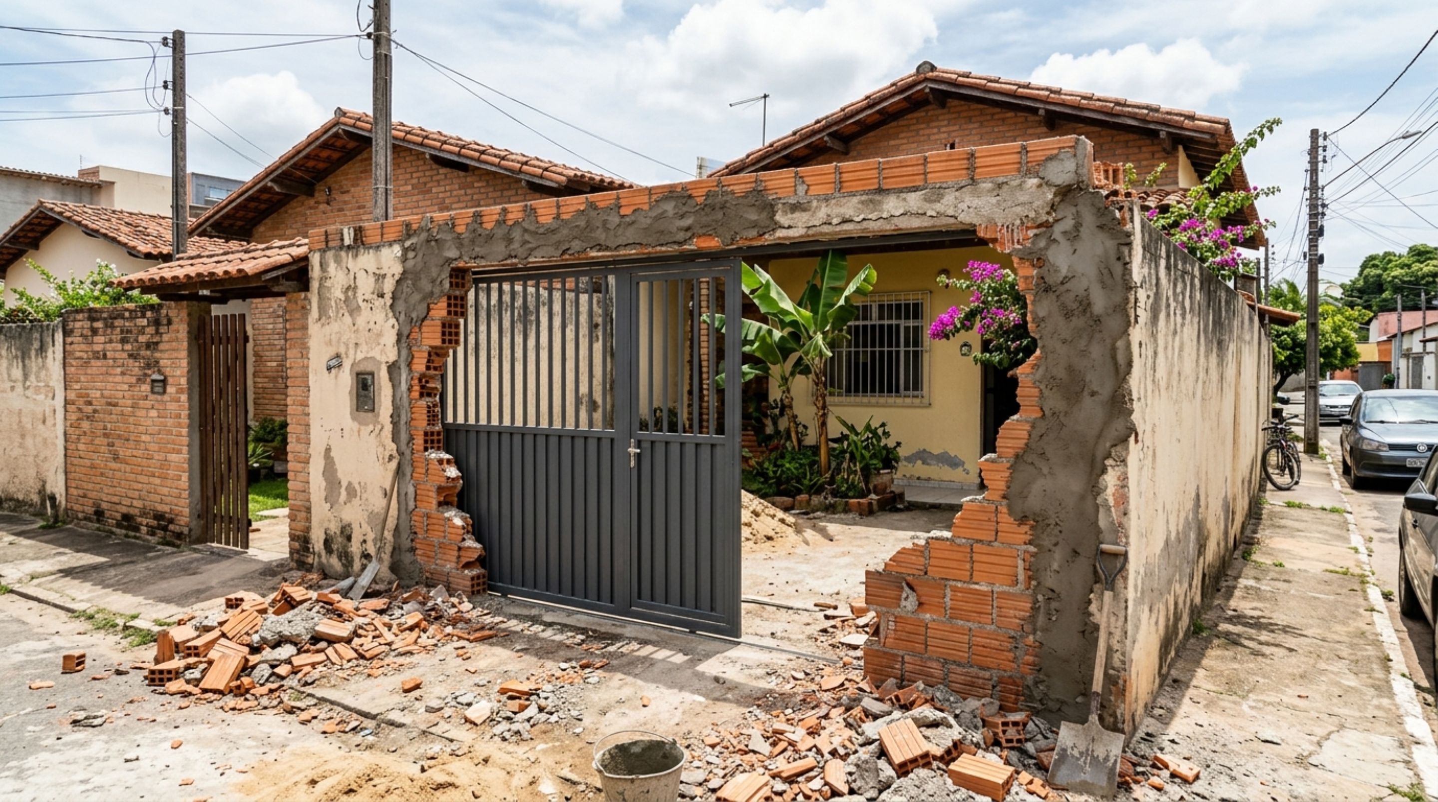 Casal passa dias fora e, ao voltar, encontra parte do muro removida para instalação de um novo portão na casa vizinha