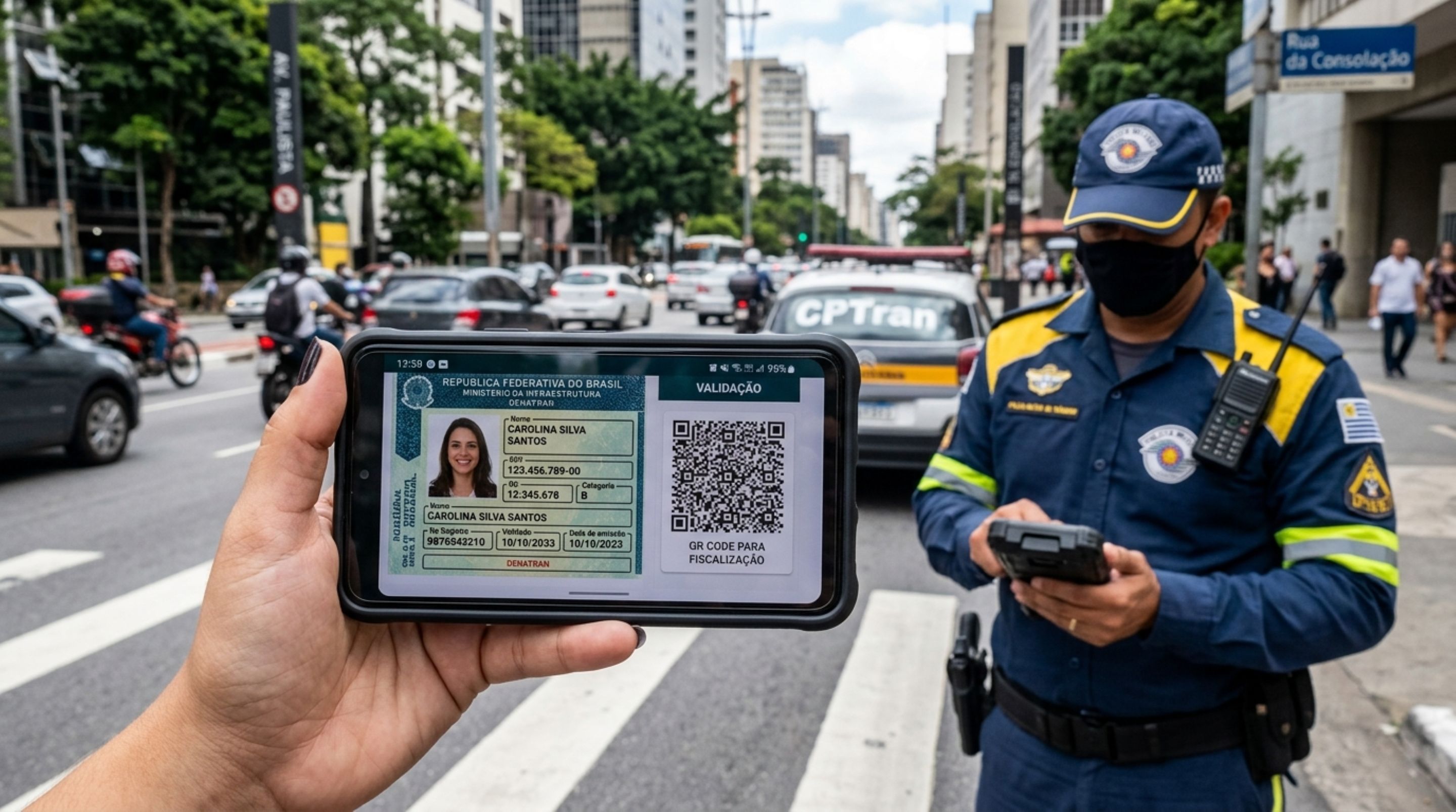 Motorista é parado na blitz de trânsito, ao ser requisitada a CNH, ele mostra uma captura de tela salva no celular, e agente pede que o documento seja aberto no aplicativo oficial, pois a forma aprese