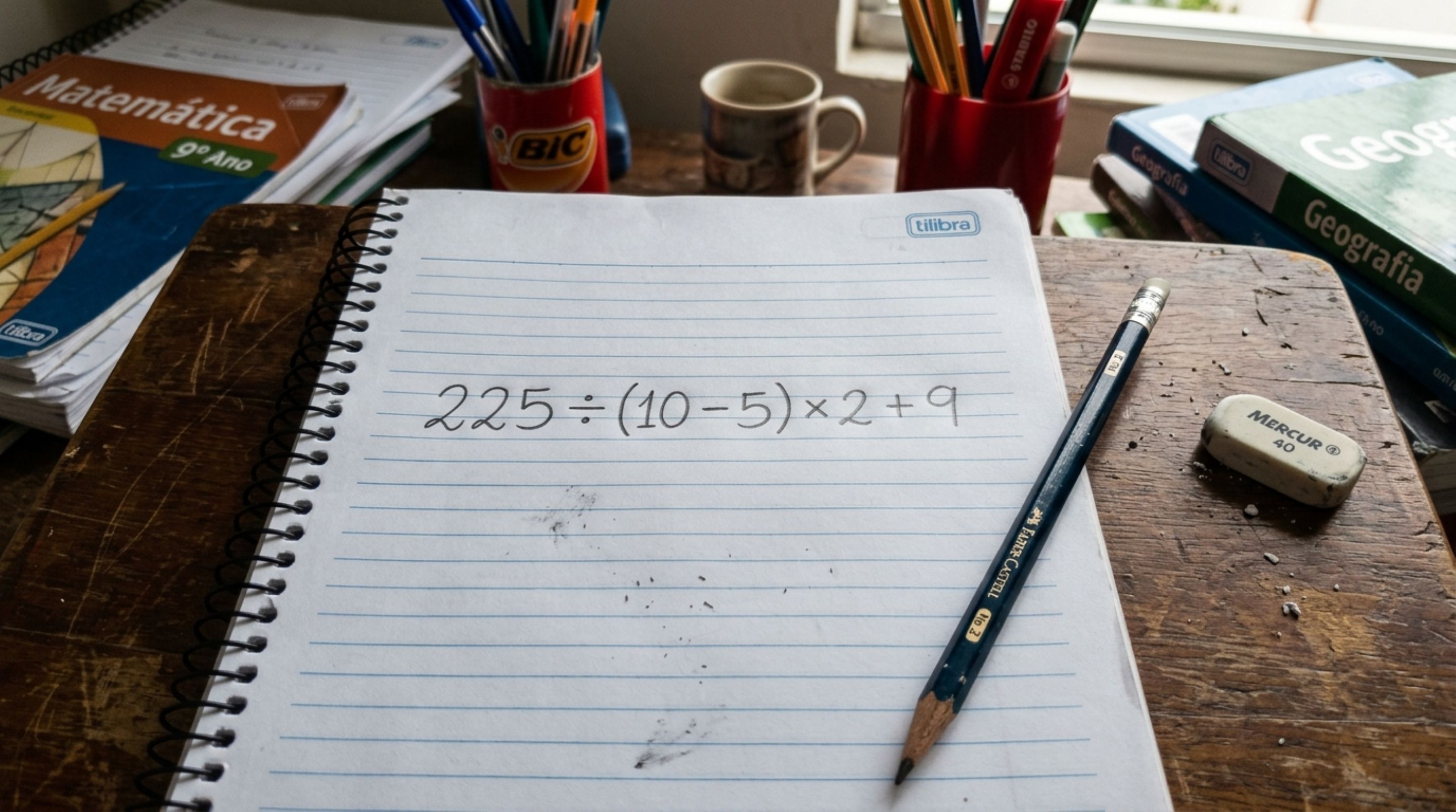 Sem usar lápis e papel, resolva a equação 225 ÷ (10 − 5) × 2 + 9 e descubra se você consegue acertar de primeira