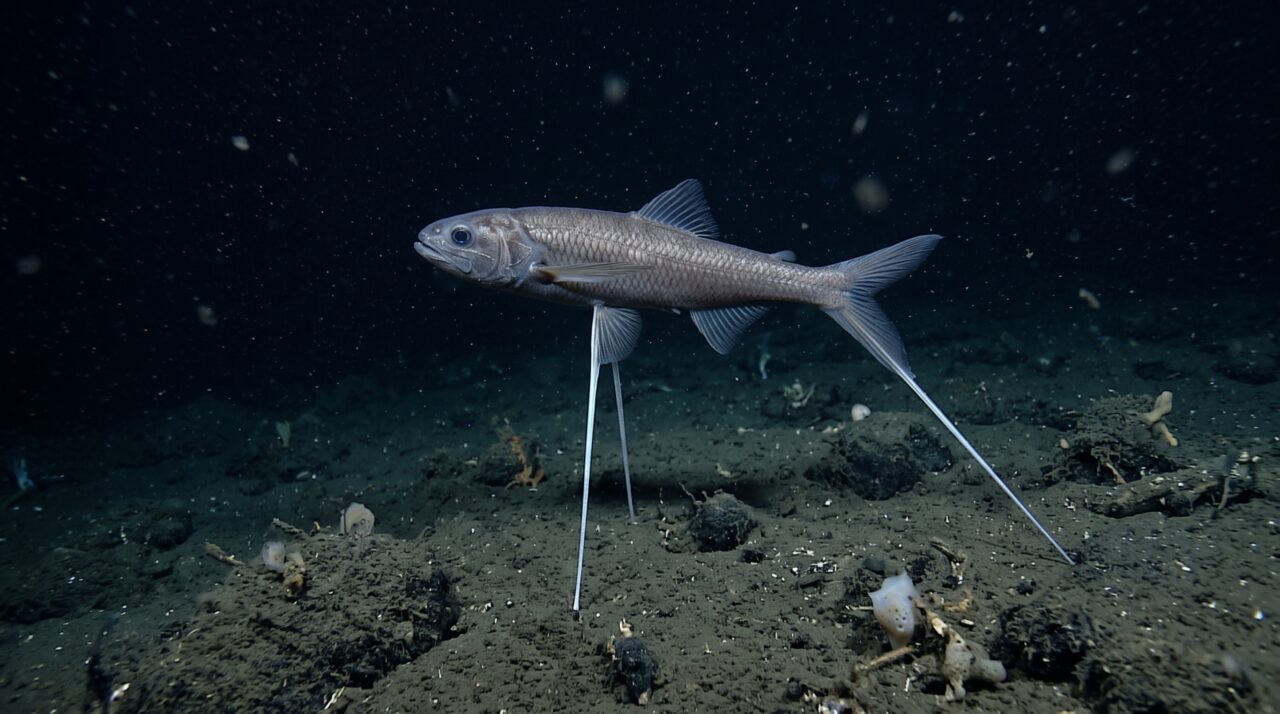 Este peixe transforma as próprias nadadeiras em pernas rígidas e fica parado sobre três apoios no fundo escuro esperando comida chegar