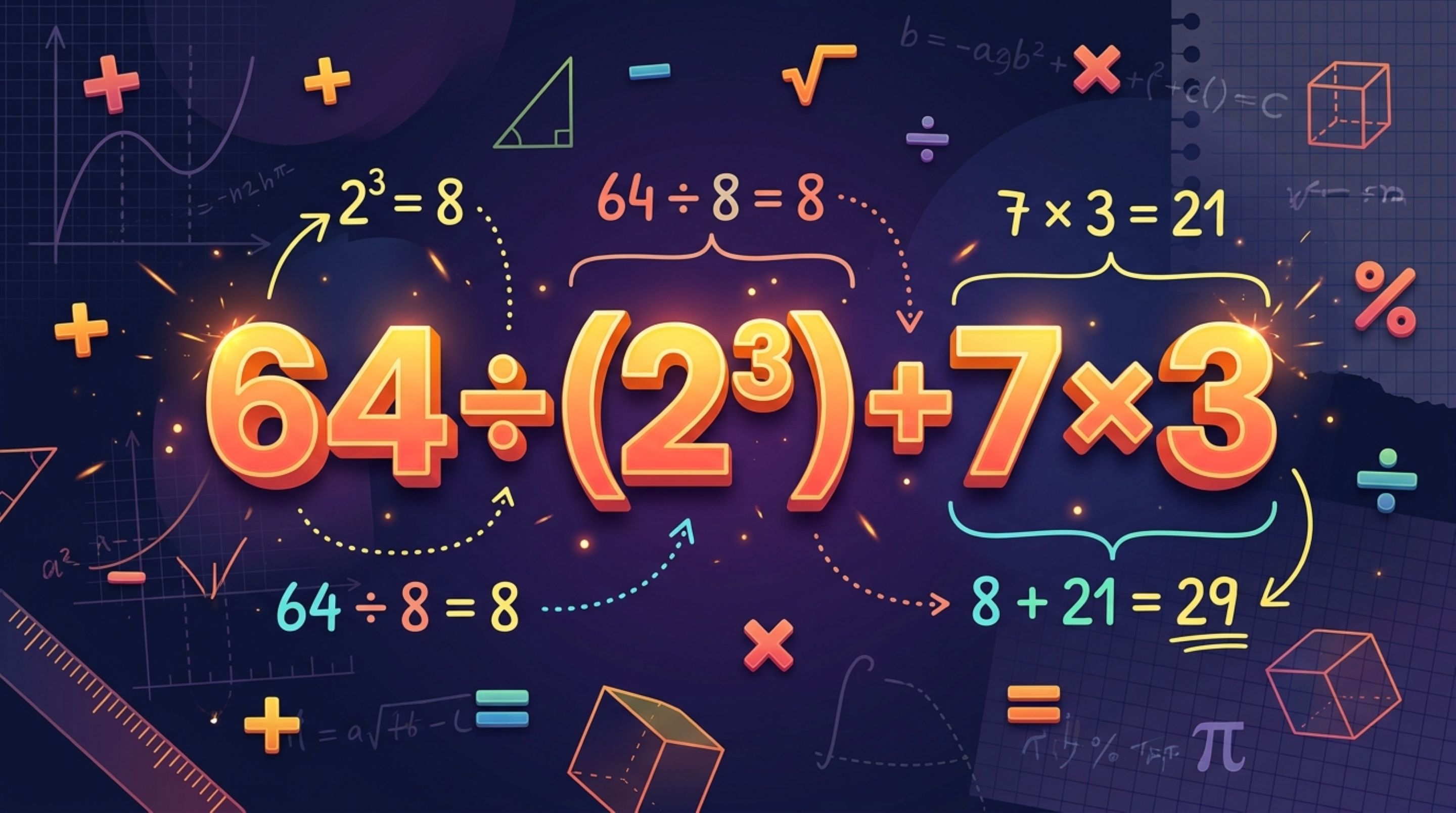 Somente 3 a cada 9 pessoas resolve corretamente 64 ÷ (2³) + 7 × 3 utilizando cálculos mentais