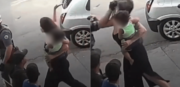 Mulher dá tapa em PM, leva soco no rosto e cai no chão com bebê em SP
