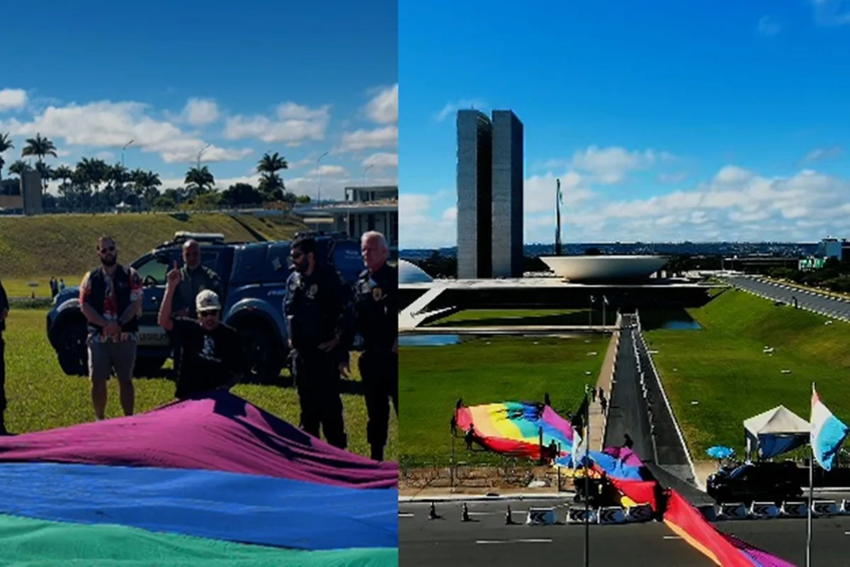 Ativistas são barrados com bandeira LGBTQIA+ no gramado do Congresso