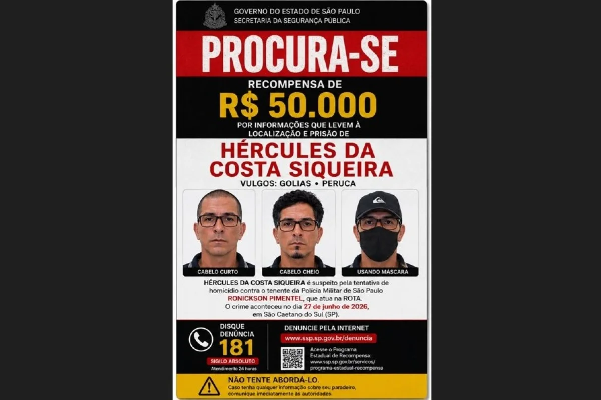 Tenente baleado: SSP oferece R$ 50 mil por informações sobre suspeito