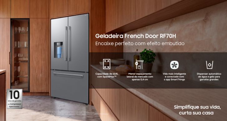 Nova French Door Samsung RF70H combina conectividade, abertura total das portas e visual embutido ao mobiliário