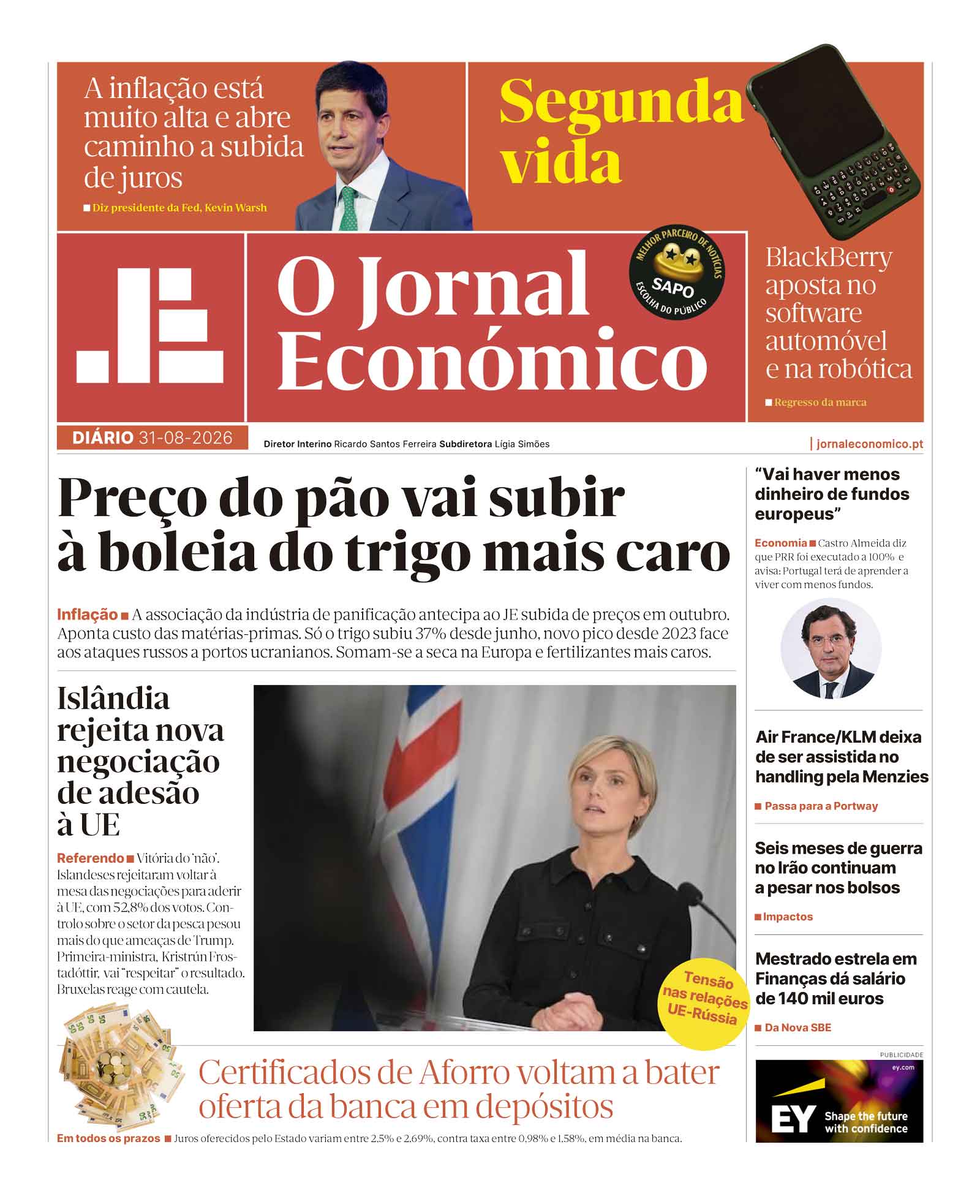 A primeira página do Jornal Económico de 31 de agosto