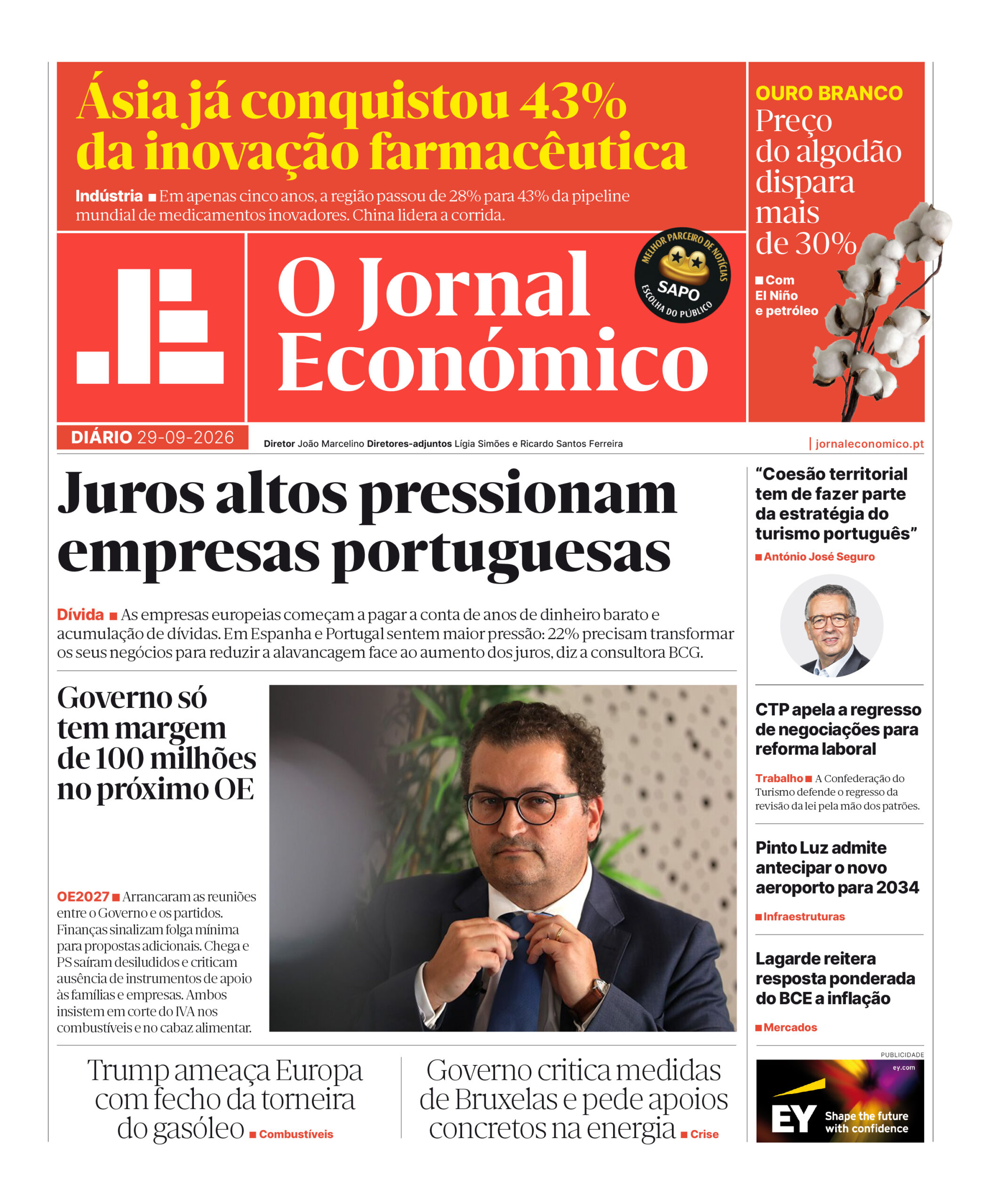 A primeira página do Jornal Económico de 29 de setembro