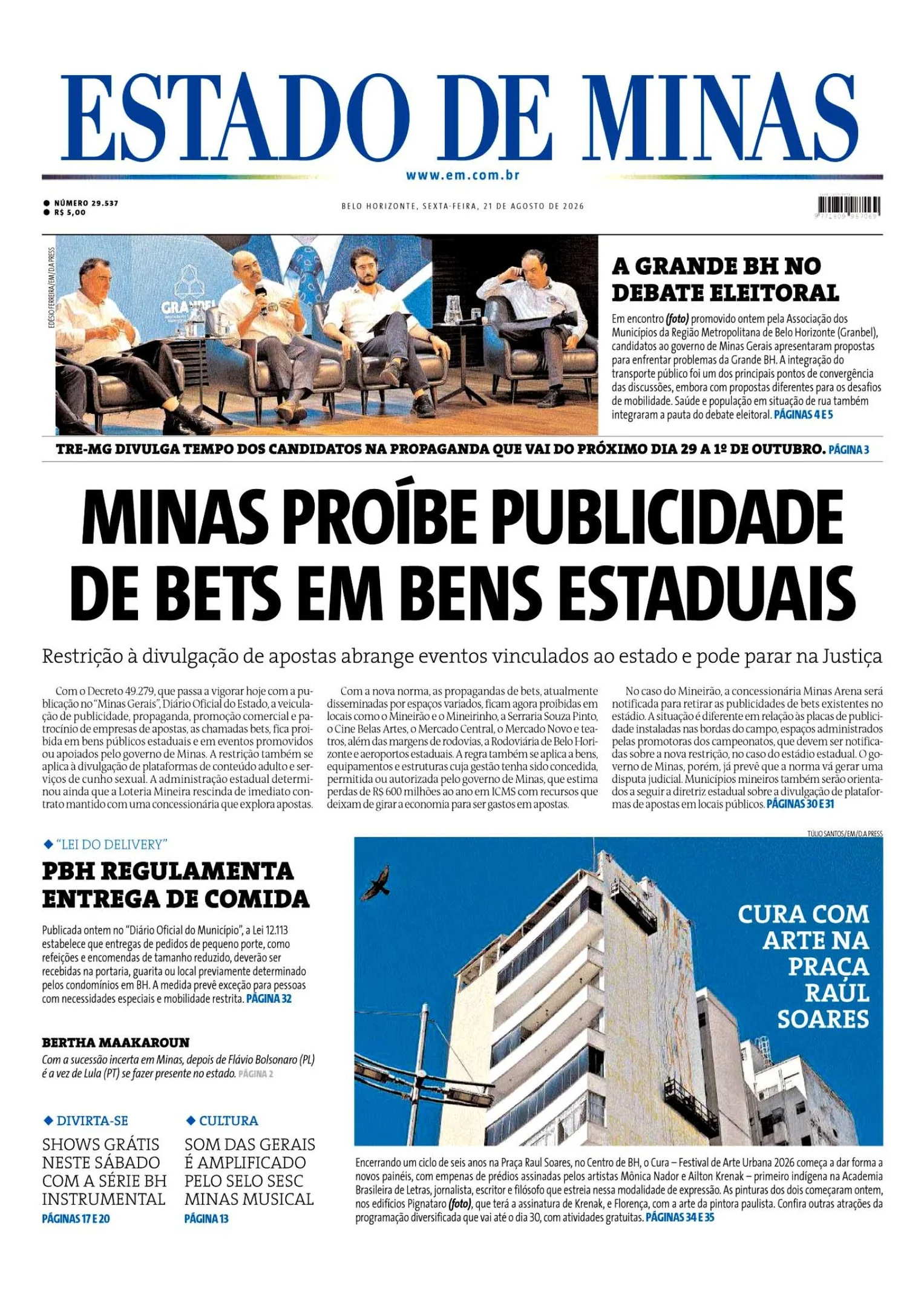 Confira a capa do Estado de Minas do dia 21/08/2026
