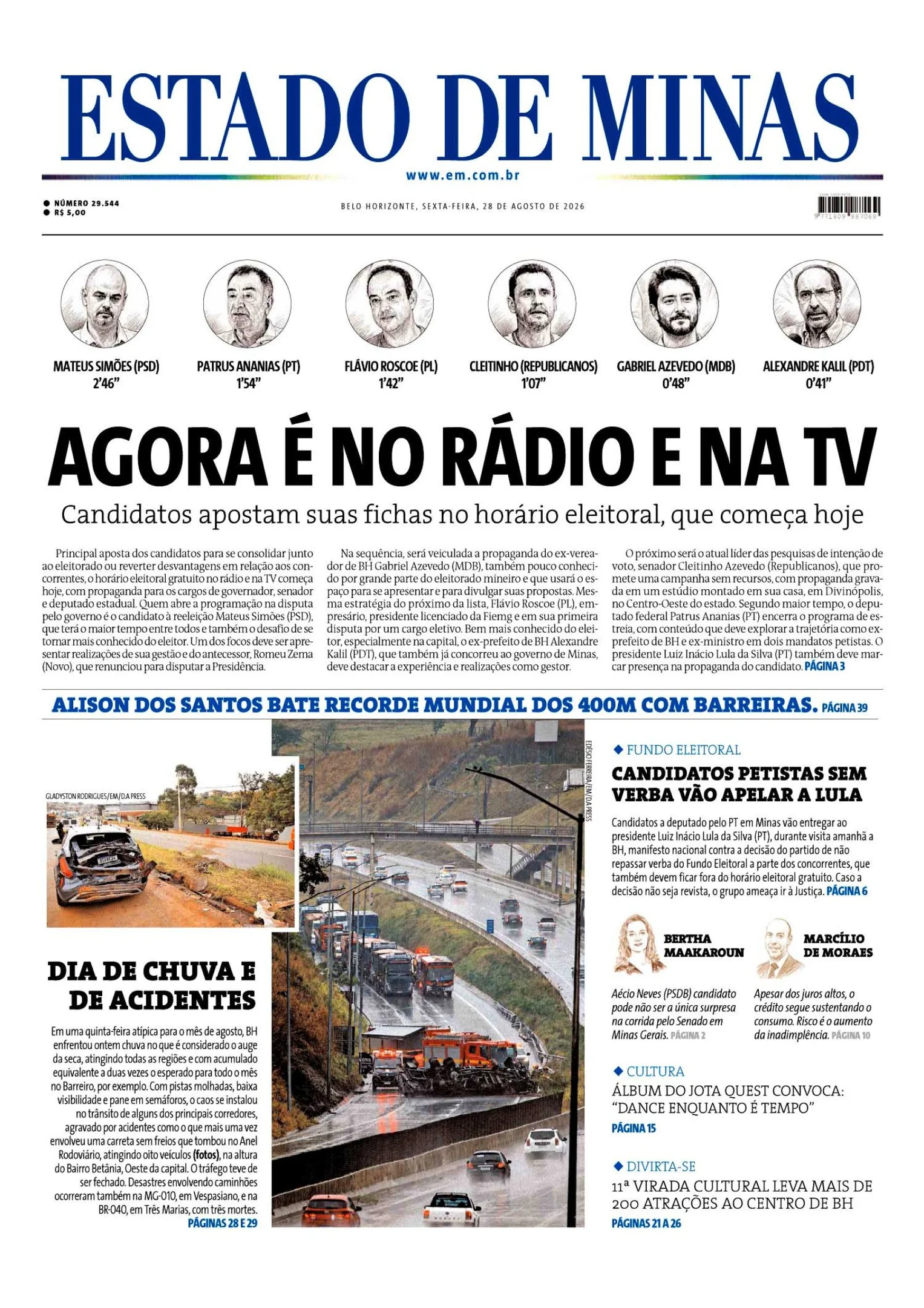 Confira a capa do Estado de Minas do dia 28/08/2026