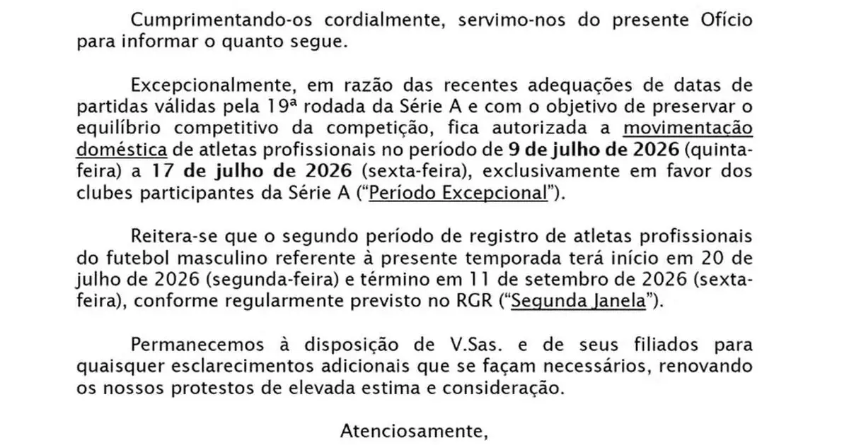 CBF altera cronograma e cria janela extraordinária para reforços nacionais na Série A