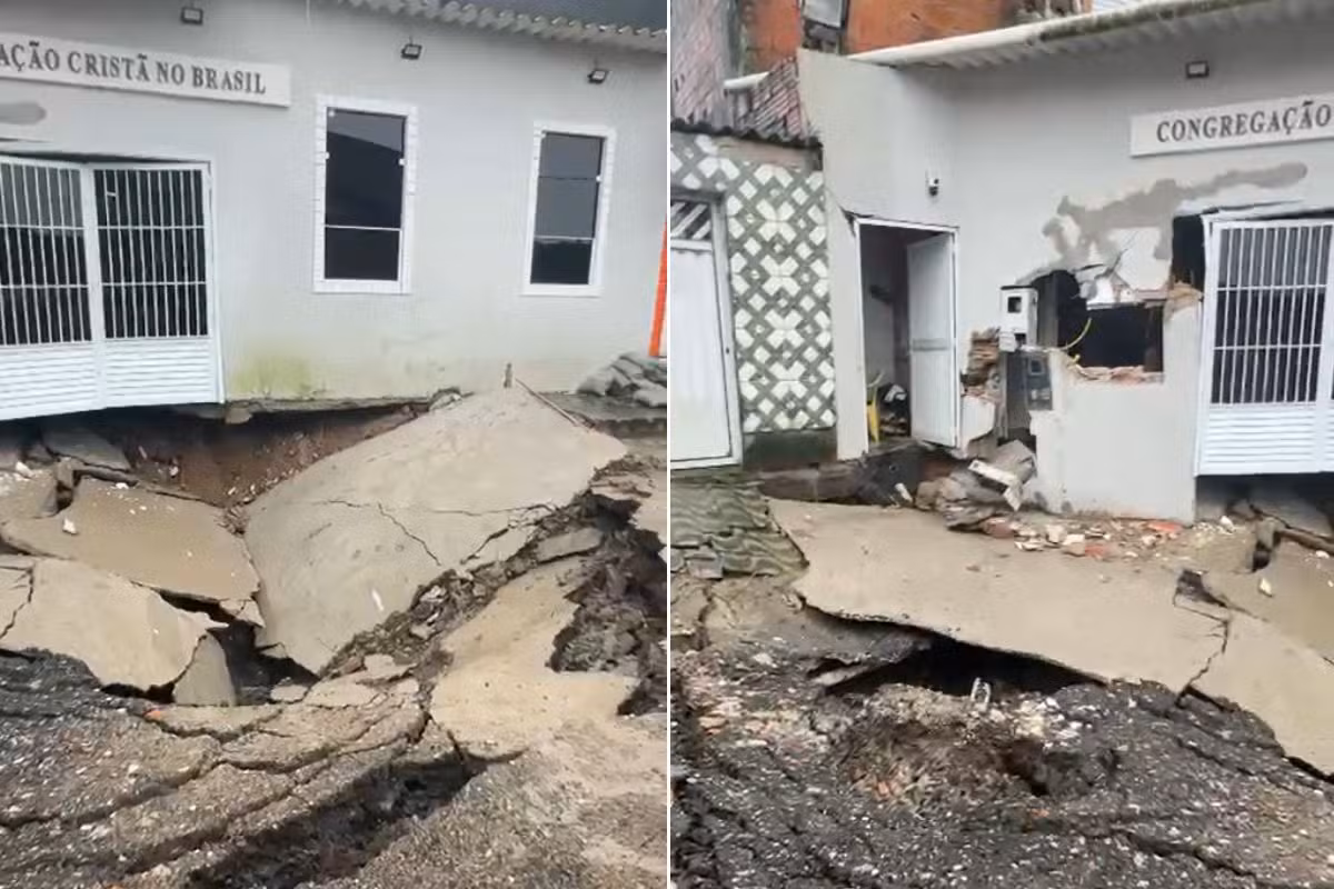 Cratera se abre após rompimento de tubulação; duas casas são interditadas no litoral de SP; VÍDEO
