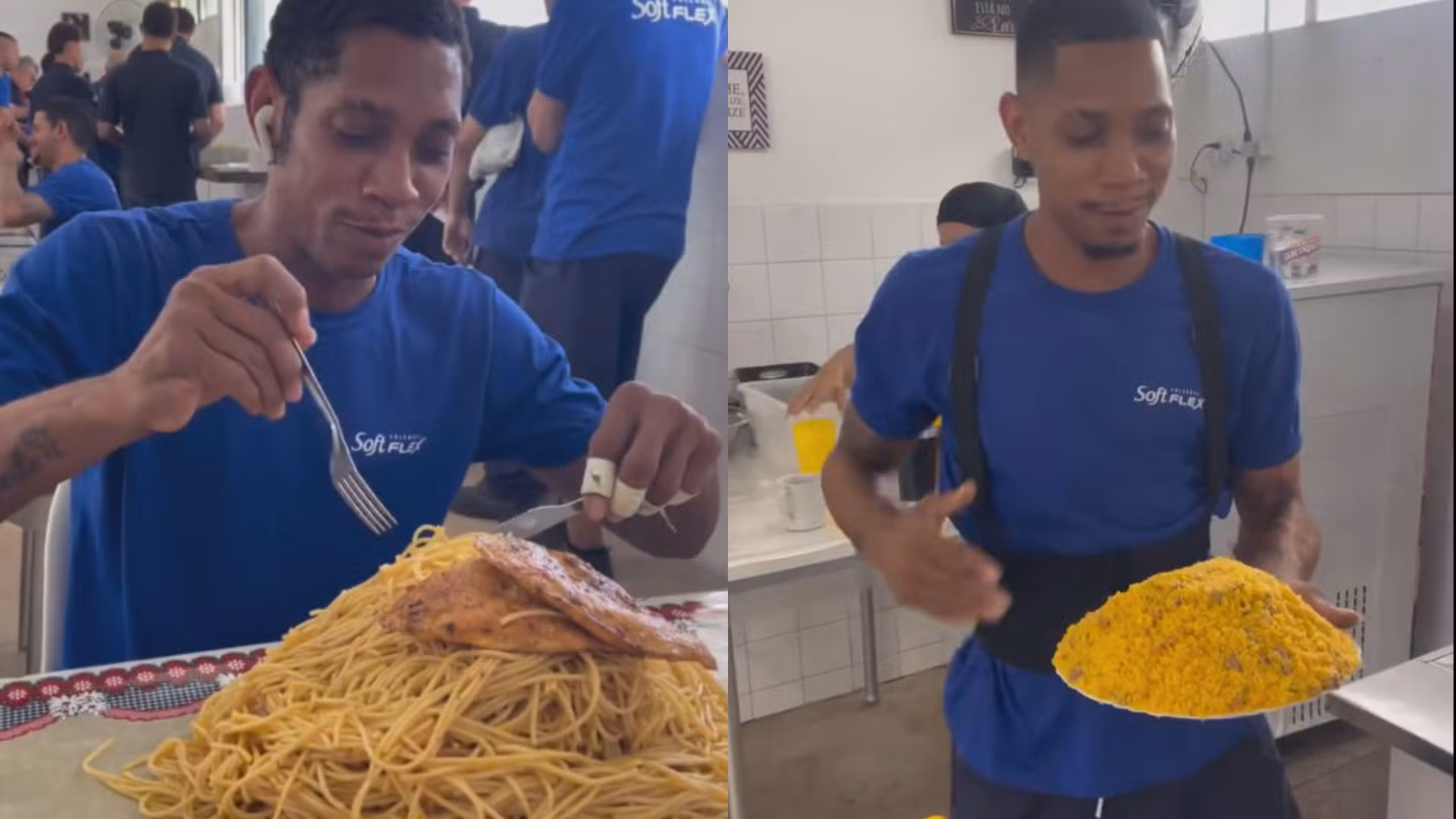 'Montanha' de macarrão: trabalhador impressiona no refeitório da empresa com pratos gigantes de comida; VÍDEO