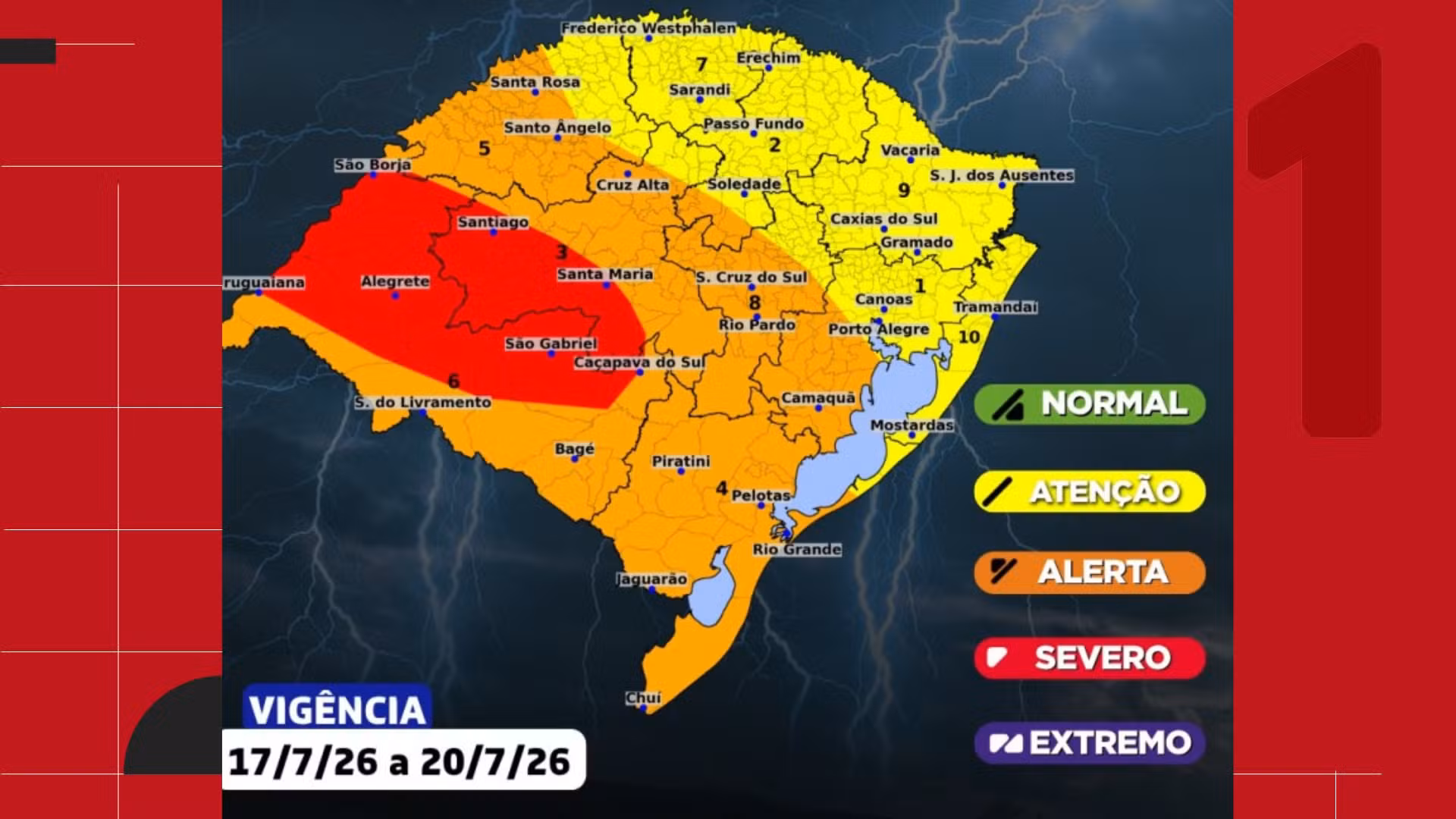 Defesa Civil diz que áreas sob risco severo no RS podem registrar temporais com granizo e possibilidade de tornados
