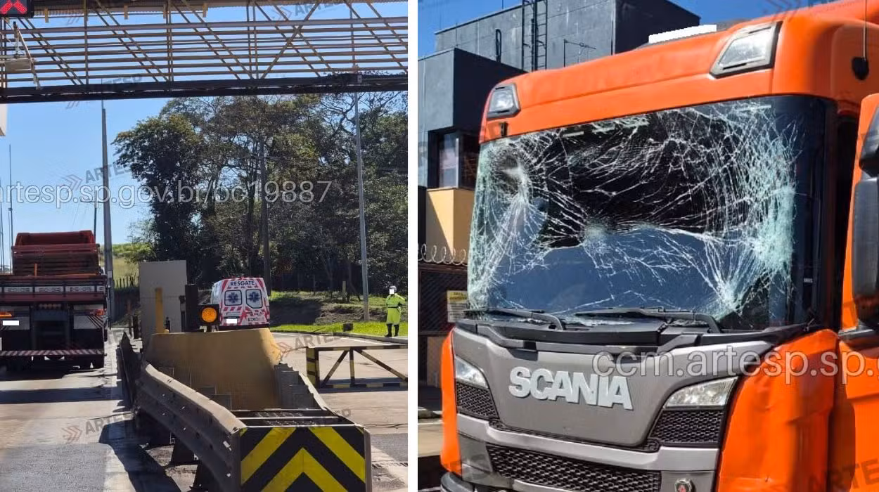 Acidente entre ônibus e caminhão interdita pista automática de pedágio na SP