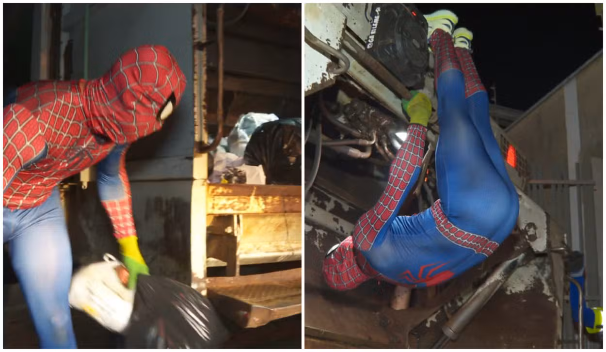 Coletor de lixo vira Homem-Aranha e conta como enfrenta frio no interior de SP: 'Tem que ser herói'