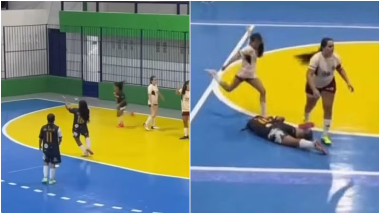 Vídeo mostra comemoração de gol antes de jogadora de futsal ser agredida com chutes na cabeça