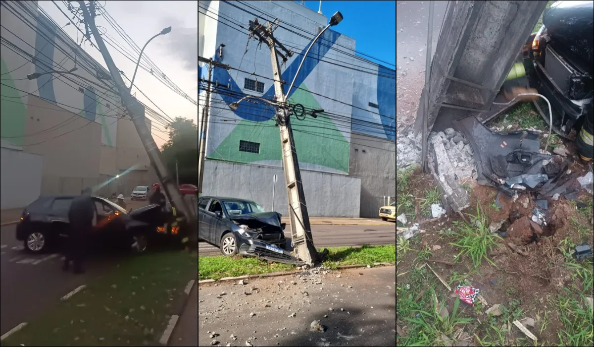 Carro derruba poste e interdita Avenida Washington Luiz em Presidente Prudente