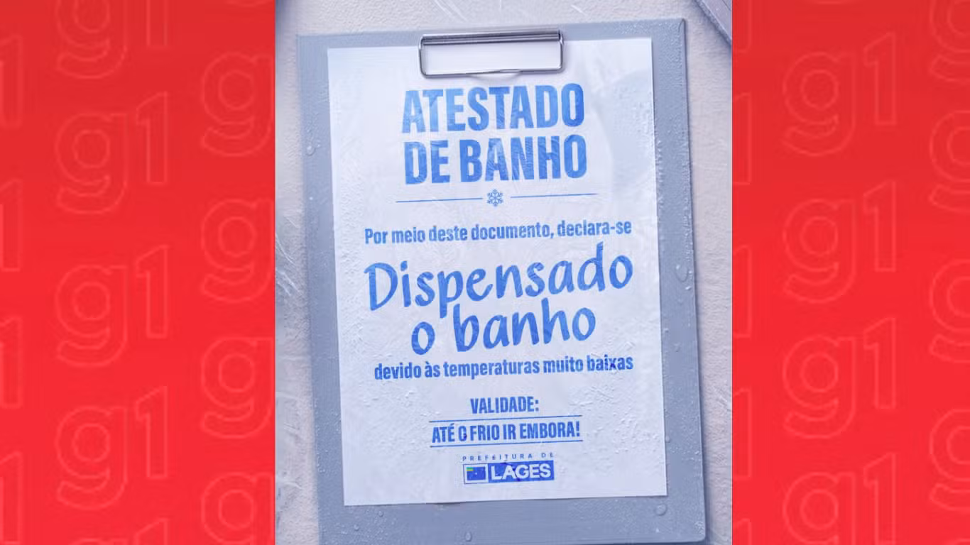 'Atestado de banho': cidade de SC 'libera' moradores do chuveiro por causa do frio intenso