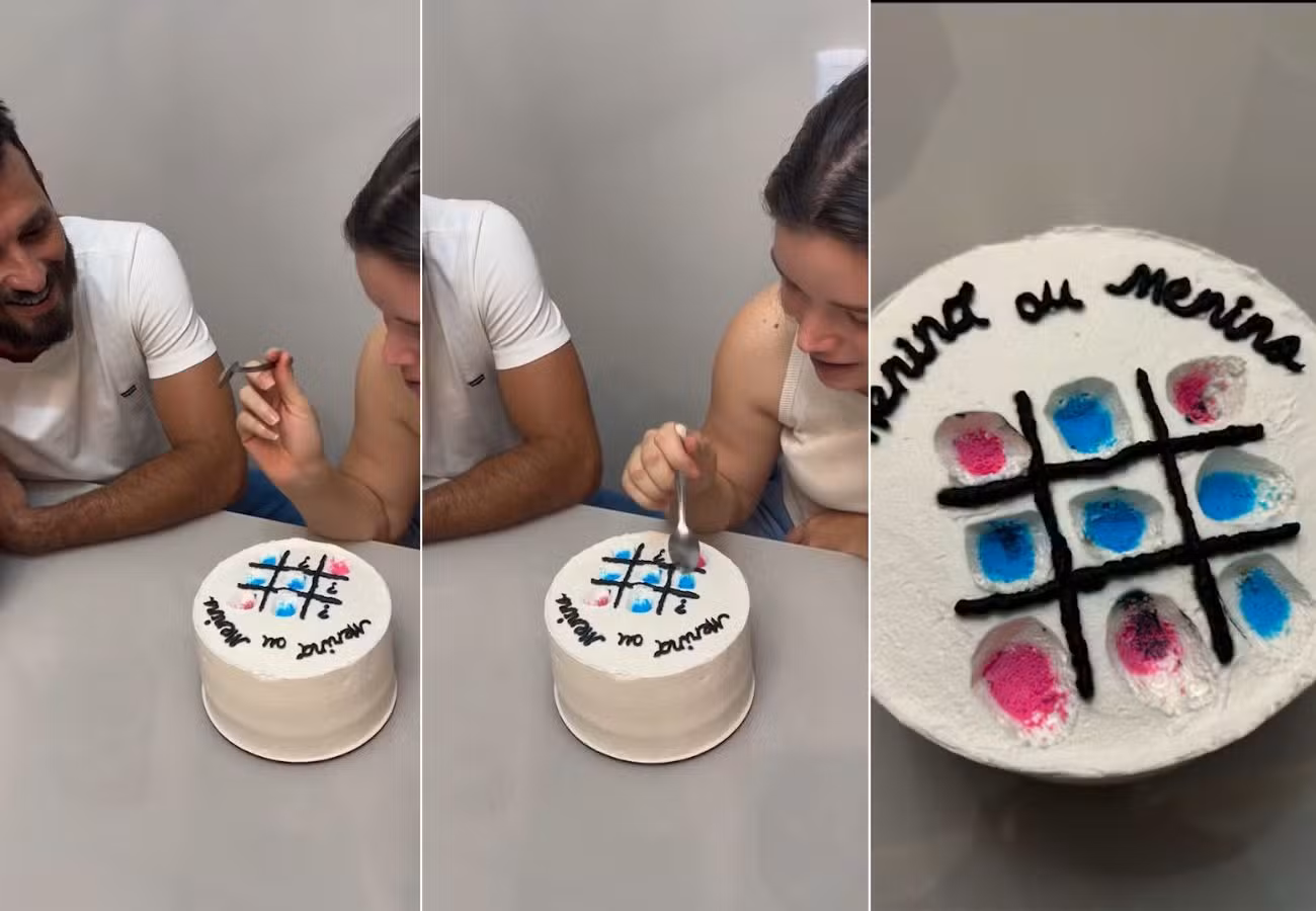 Casal inova em chá revelação de bebê com bolo interativo inspirado no 'jogo da velha' e viraliza na web; VÍDEO