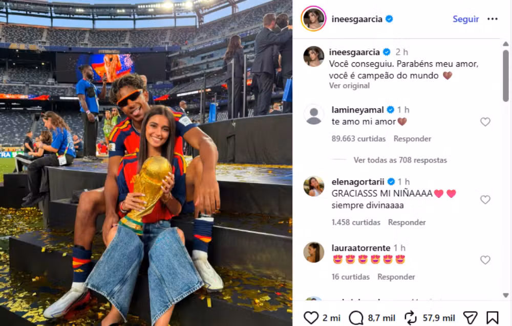 Inés García parabeniza namorado Lamine Yamal pelo título da Espanha na Copa