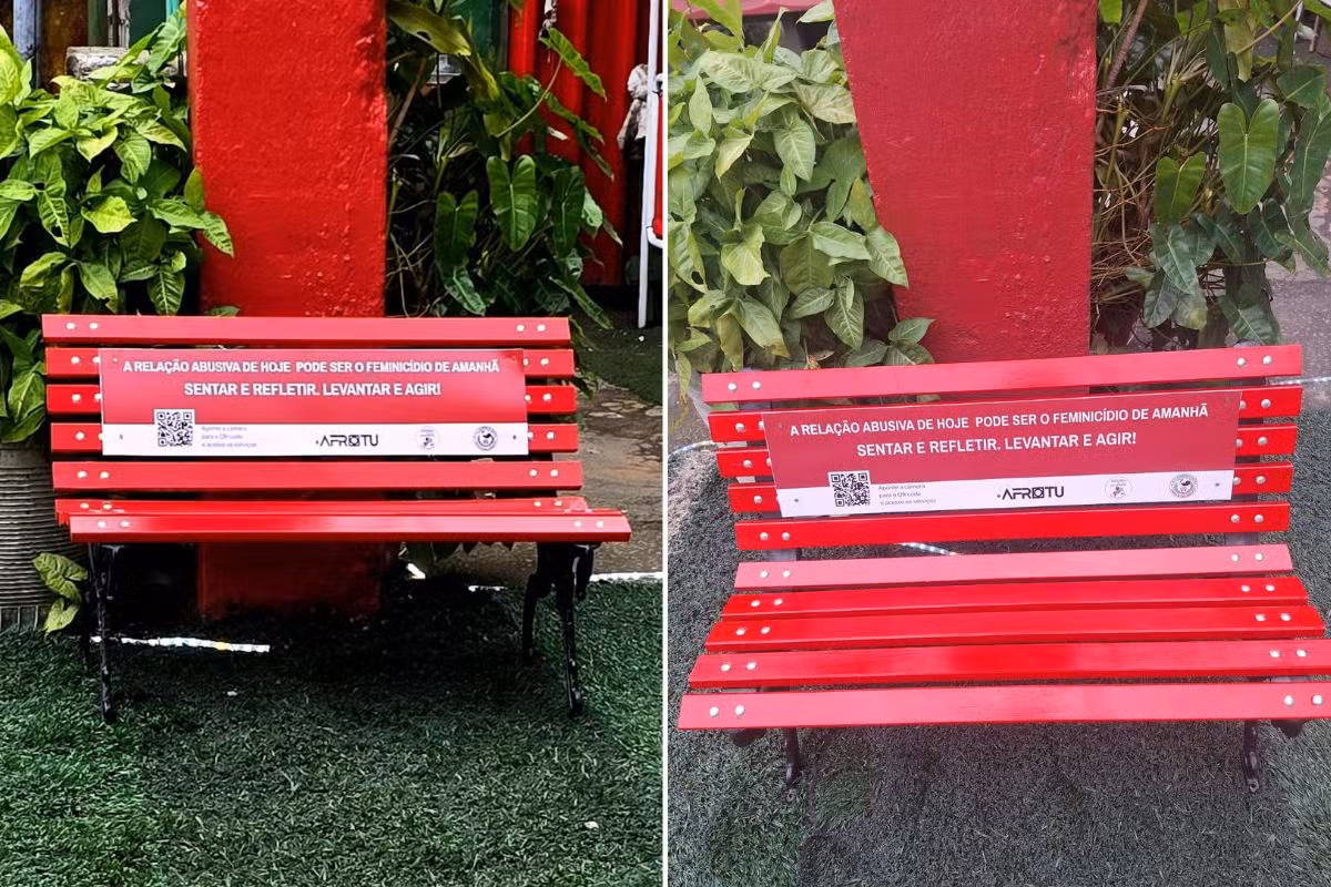 Banco Vermelho é instalado em Santos para conscientização sobre violência contra a mulher