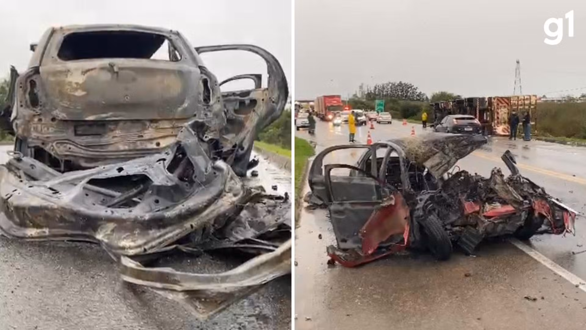 Colisão frontal com carreta termina com carro incendiado e homem morto no RS