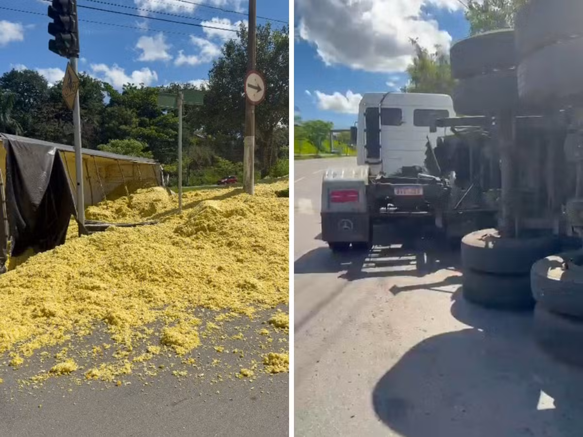 VÍDEO: carreta carregada com bagaço de laranja tomba em rotatória de Limeira
