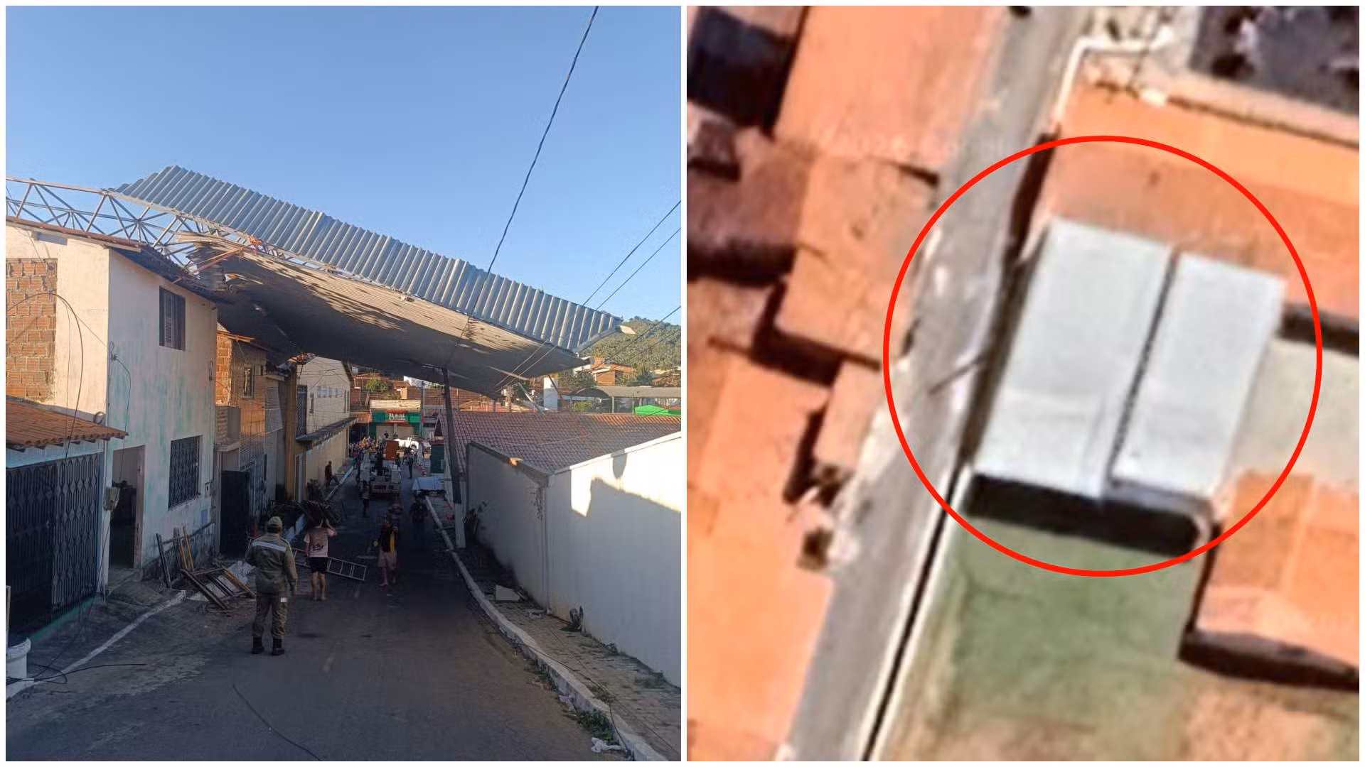 Teto de metal é arrancado de escola por ventania e atinge casas vizinhas, em Palmácia