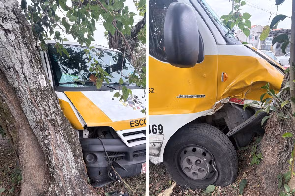 Vídeo: Van escolar bate em árvore após acidente em cruzamento de São José dos Campos