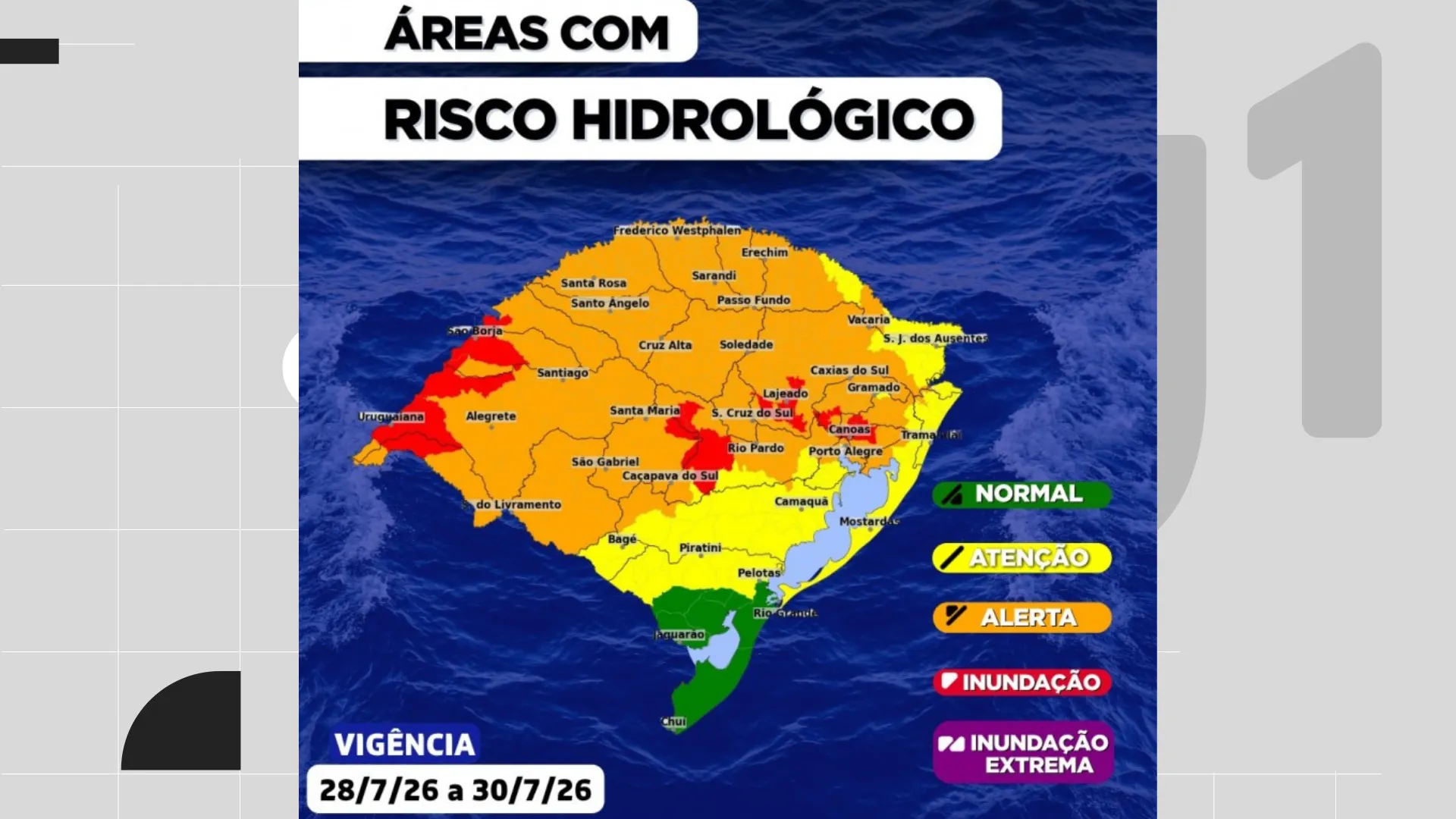 Inundações ameaçam cinco rios do RS e previsão aponta chuva intensa e queda de granizo para esta quarta