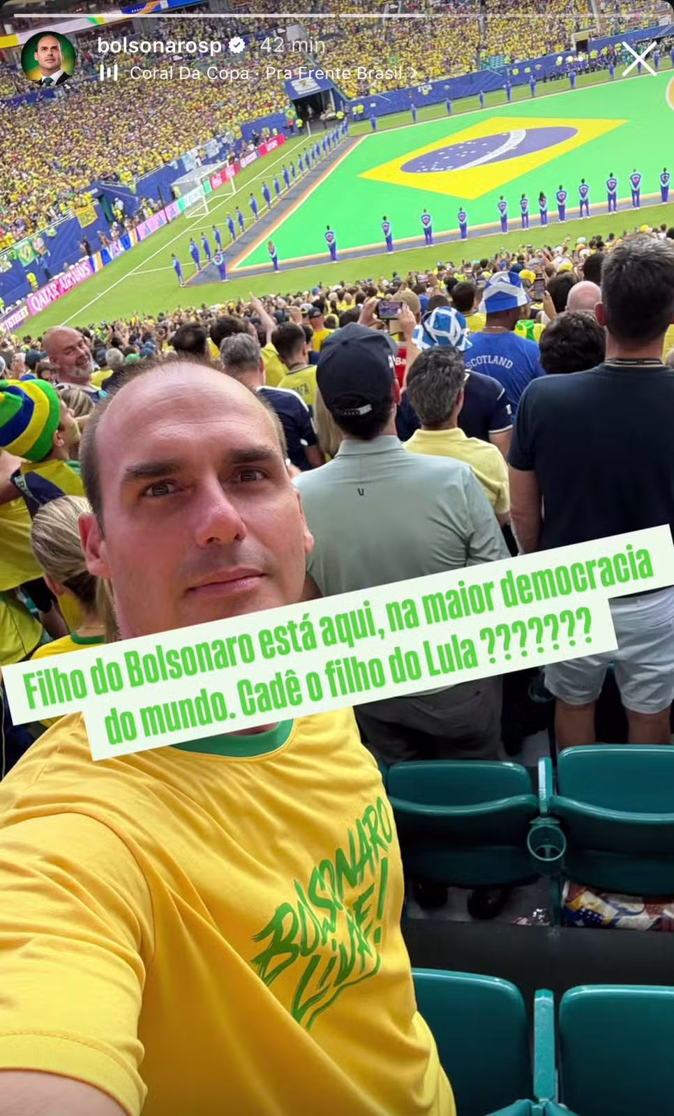 Eduardo Bolsonaro diz que foi a jogo do Brasil em Miami e posta vídeo