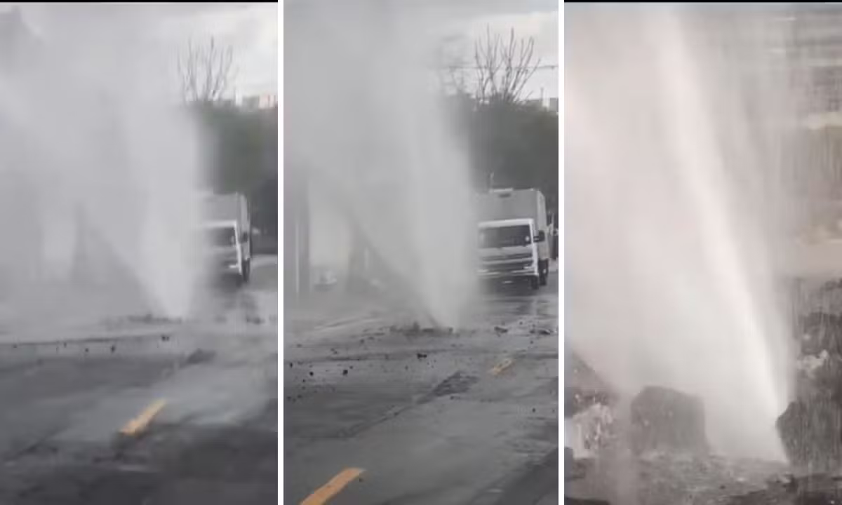 Vazamento forma chafariz em rua do Butantã, Zona Oeste de SP