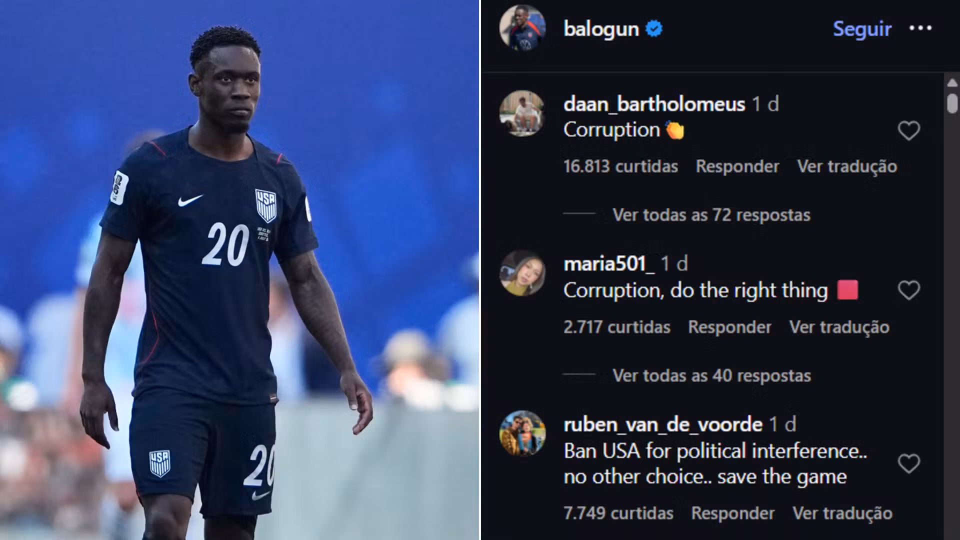 Perfil de Balogun é invadido por torcedores rivais com críticas por anulação de cartão após pedido de Trump: 'Corrupção'