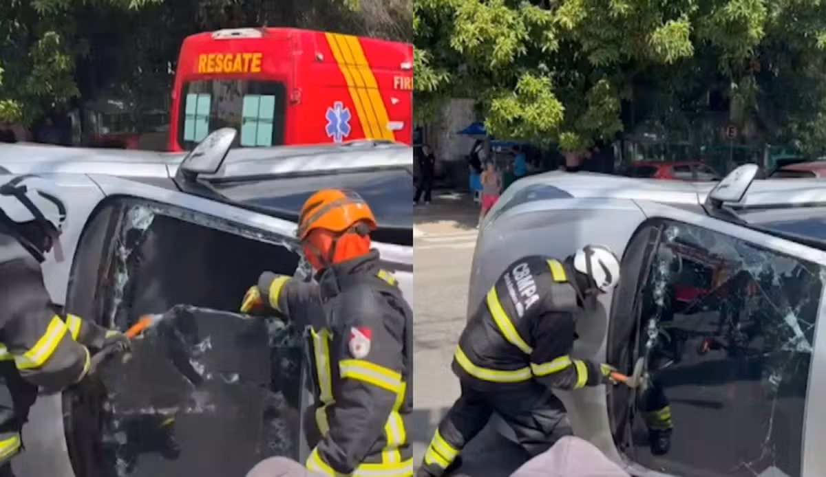 Bombeiros quebram para-prisas para resgatar motorista após carro capotar em acidente em Belém