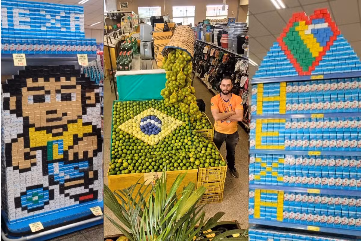 Bandeira do Brasil com limões e hexa escrito com creme de leite: repositor usa Pixel Art para deixar prateleiras do Paraná em clima de Copa do Mundo