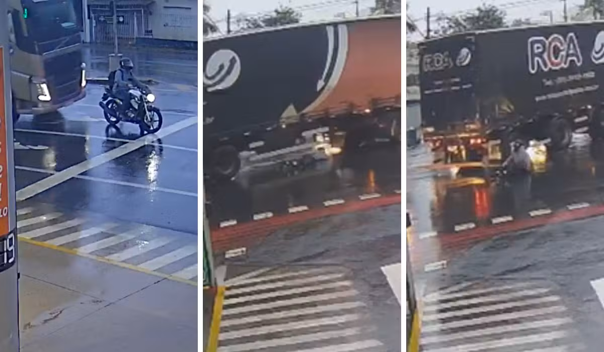 VÍDEO: Motociclista é atropelado por caminhão em cruzamento de Amparo e escapa ileso