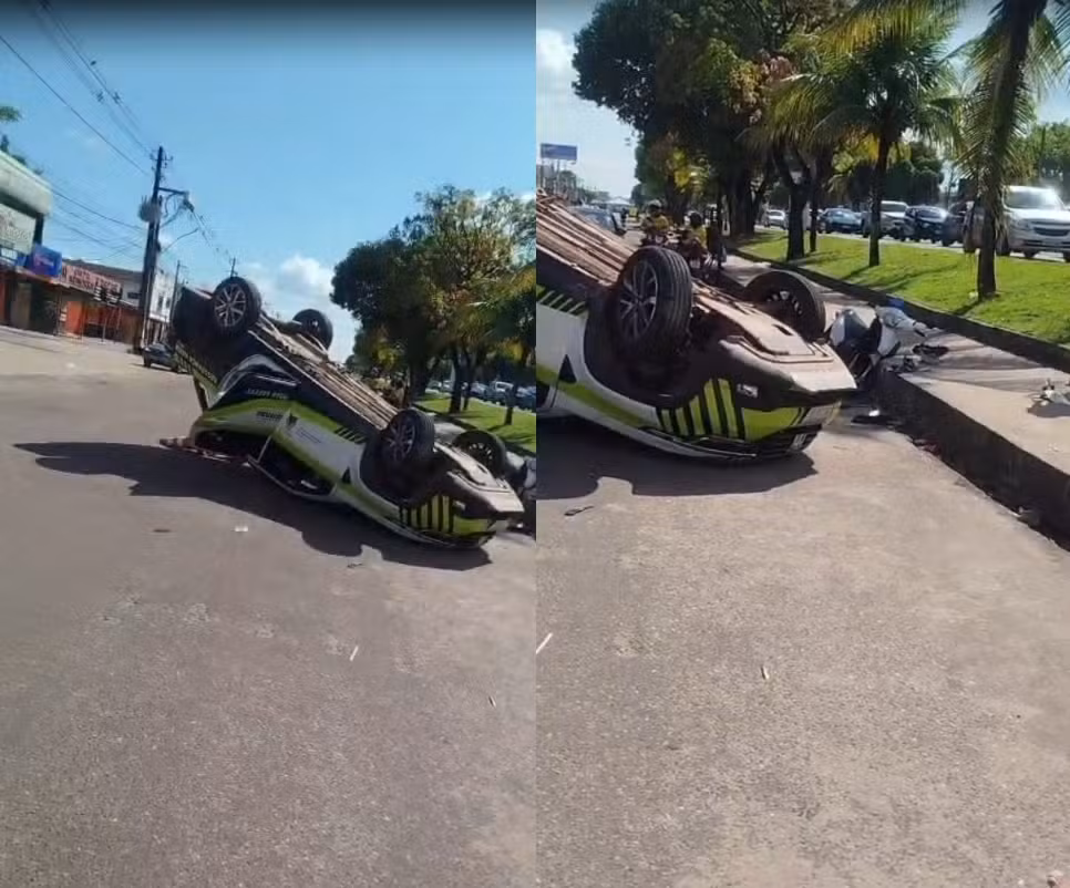 Viatura de trânsito capota após acidente com moto em Marituba na Grande Belém