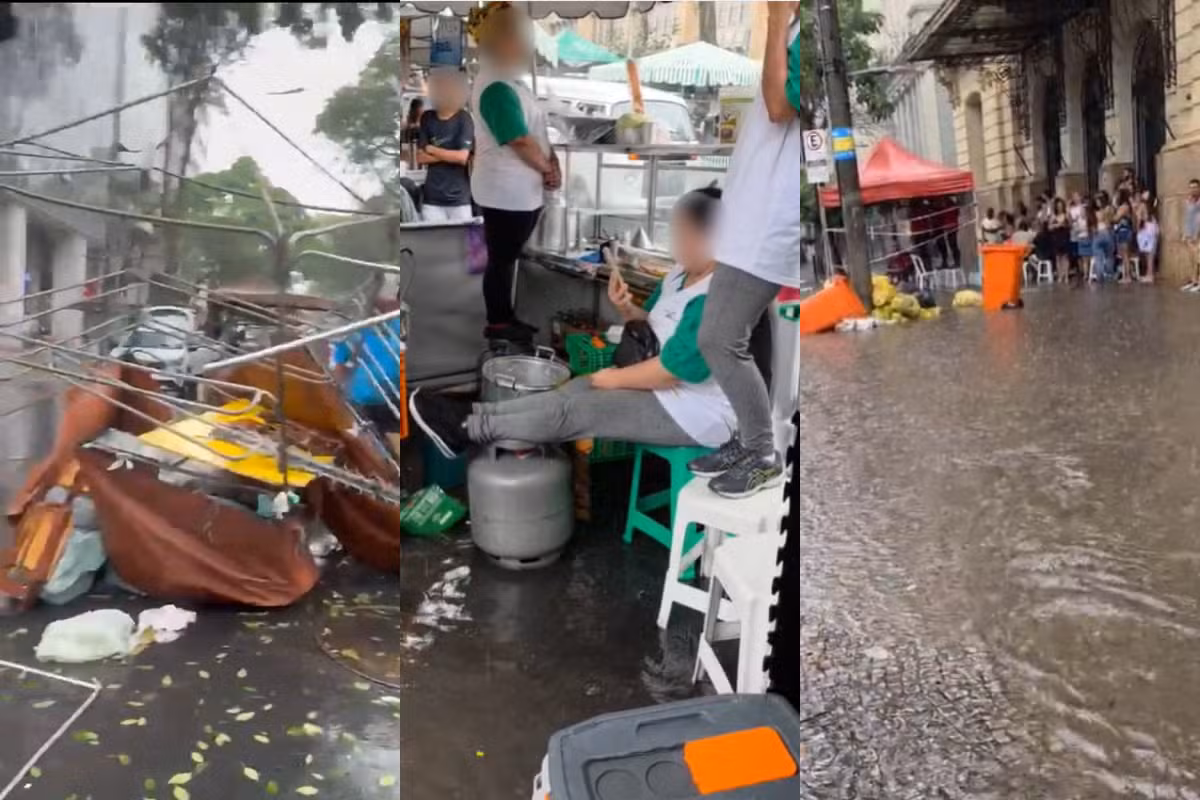 Chuva forte em BH deixa barracas destruídas e comerciantes da Feira Hippie ilhados