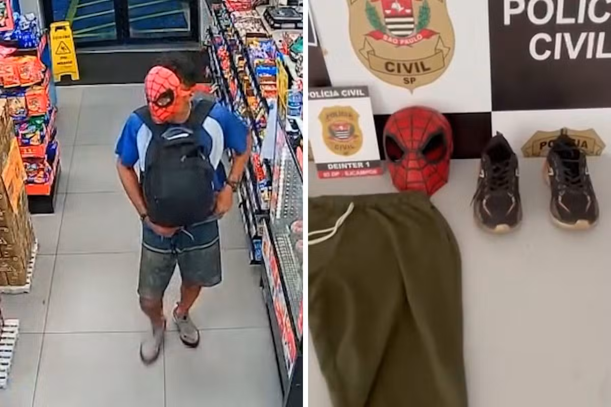 Vídeo: assaltante com máscara de Homem-Aranha rouba loja de conveniência; comparsa é preso