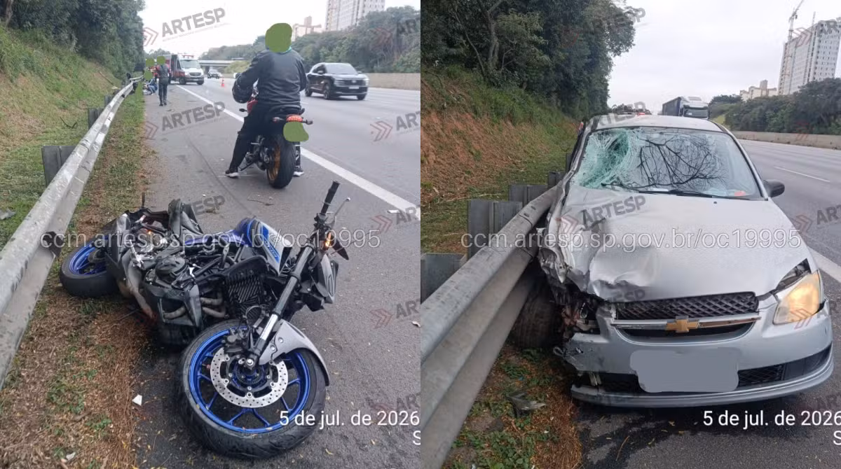 Acidente entre carro e duas motos deixa quatro feridos na Rodovia dos Bandeirantes; vítima teve perna amputada
