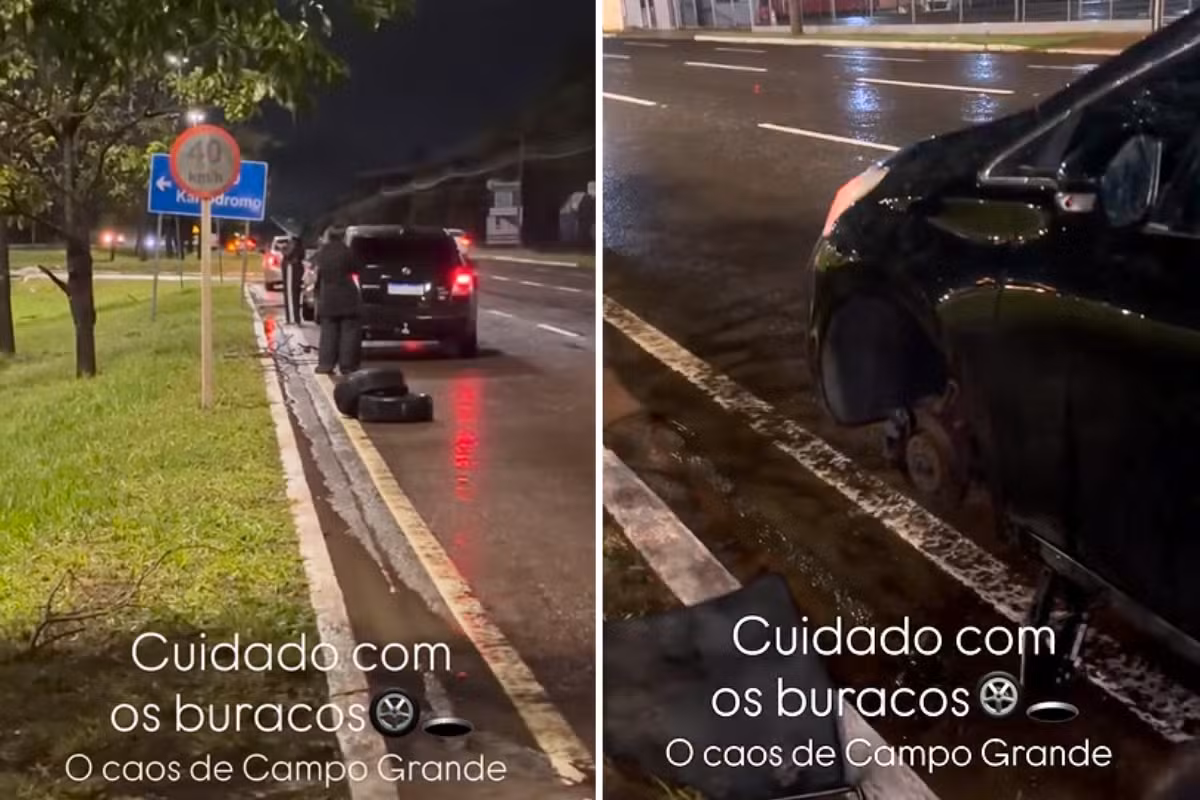 Buraco gigante deixa 7 carros com pneus rasgados em Campo Grande: 'Foi efeito dominó', diz motorista