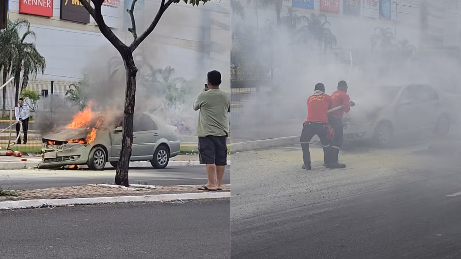 Vídeo: carro pega fogo na Av. Raul Lopes e equipe de emergência de shopping apaga incêndio; veículo fica parcialmente destruído