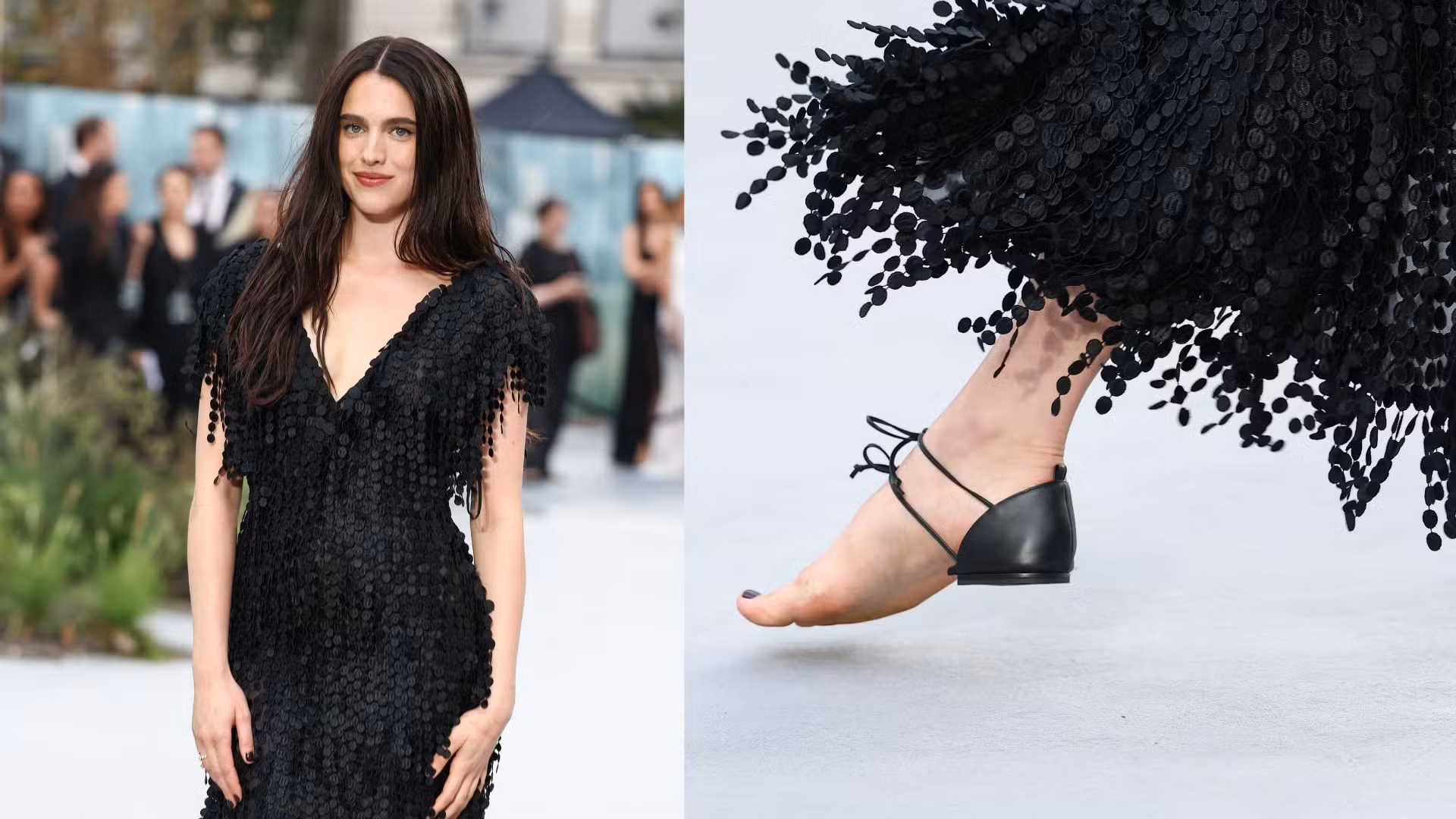 Margaret Qualley usa sapato inusitado em evento; modelo é apelidado de 'sandália descalça'