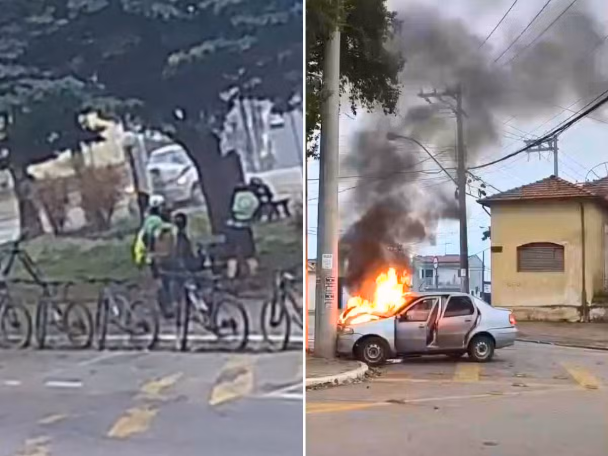 VÍDEO: carro pega fogo após bater em poste no interior de SP; dupla fica ferida