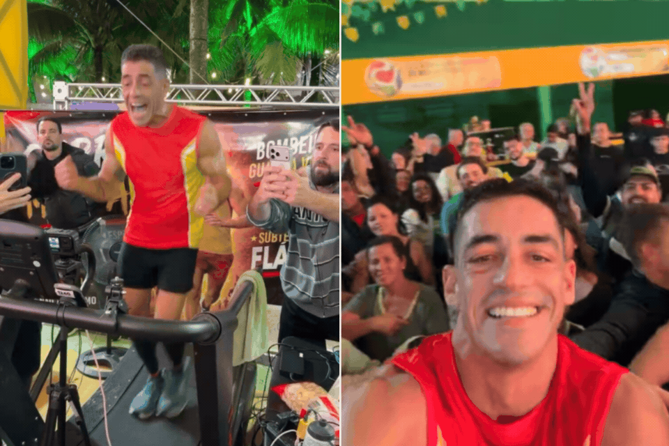 Guarda-vidas bate recorde mundial ao correr 201 km em esteira durante 24h no litoral de SP; VÍDEO