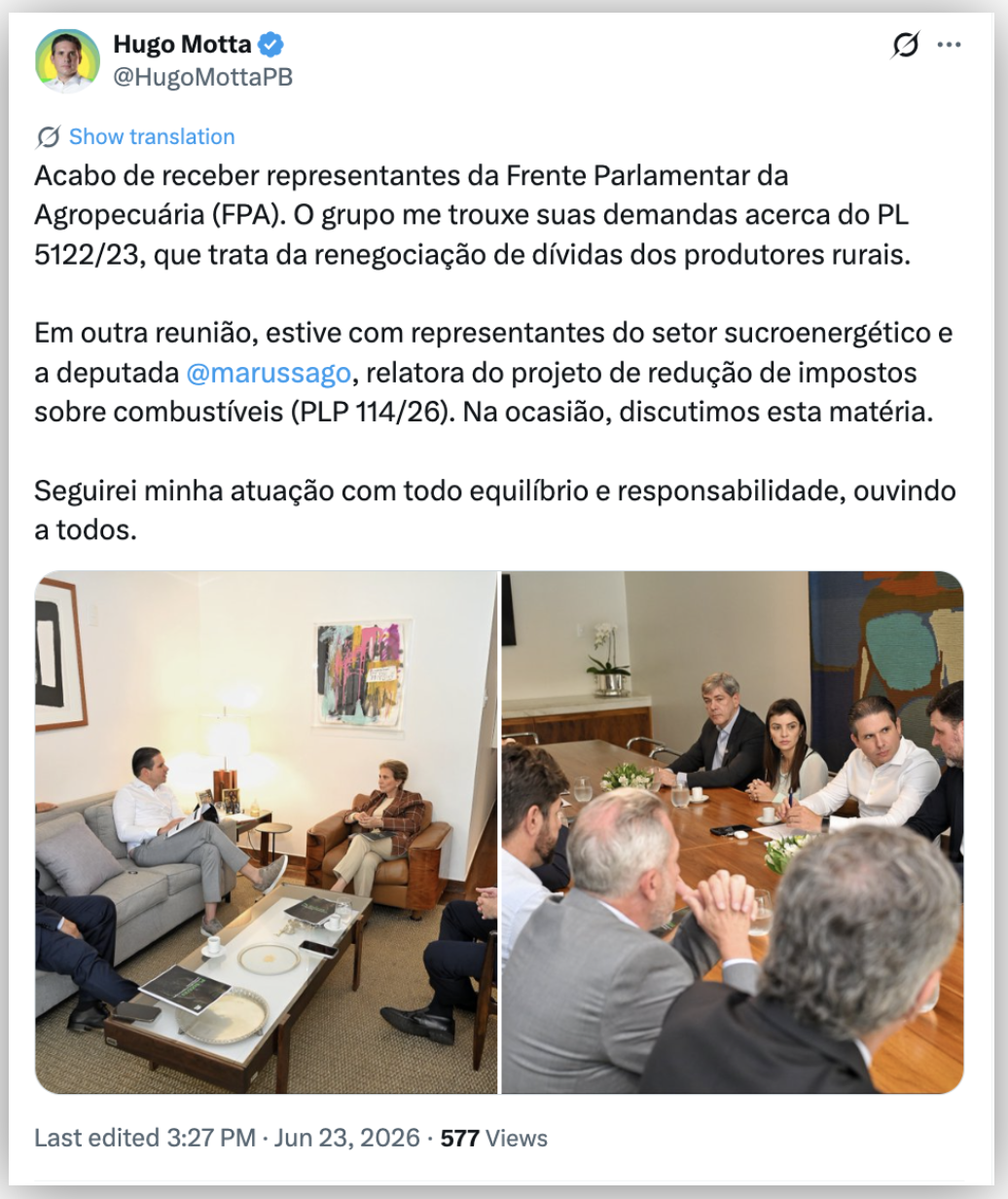 Motta discute com agro e indústria medidas para crédito e combustíveis