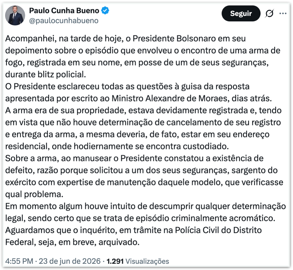 Intuito não foi descumprir a lei, diz defesa de Bolsonaro sobre arma